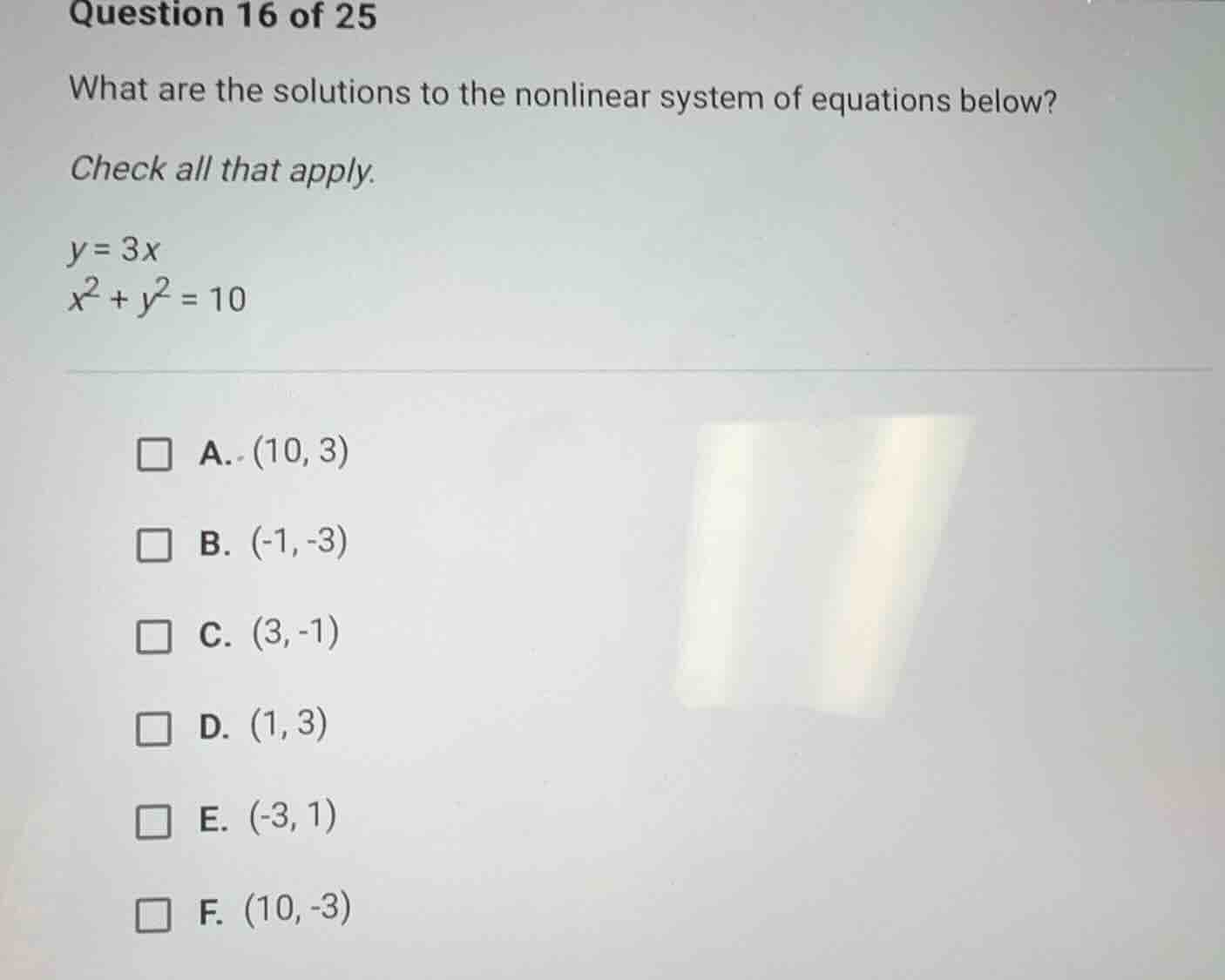question 16 of 25 what are the solutions to the nonlinear system of equ…