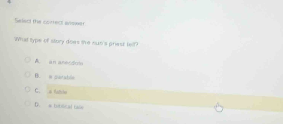 select the correct answer. what type of story does the nuns priest tell…