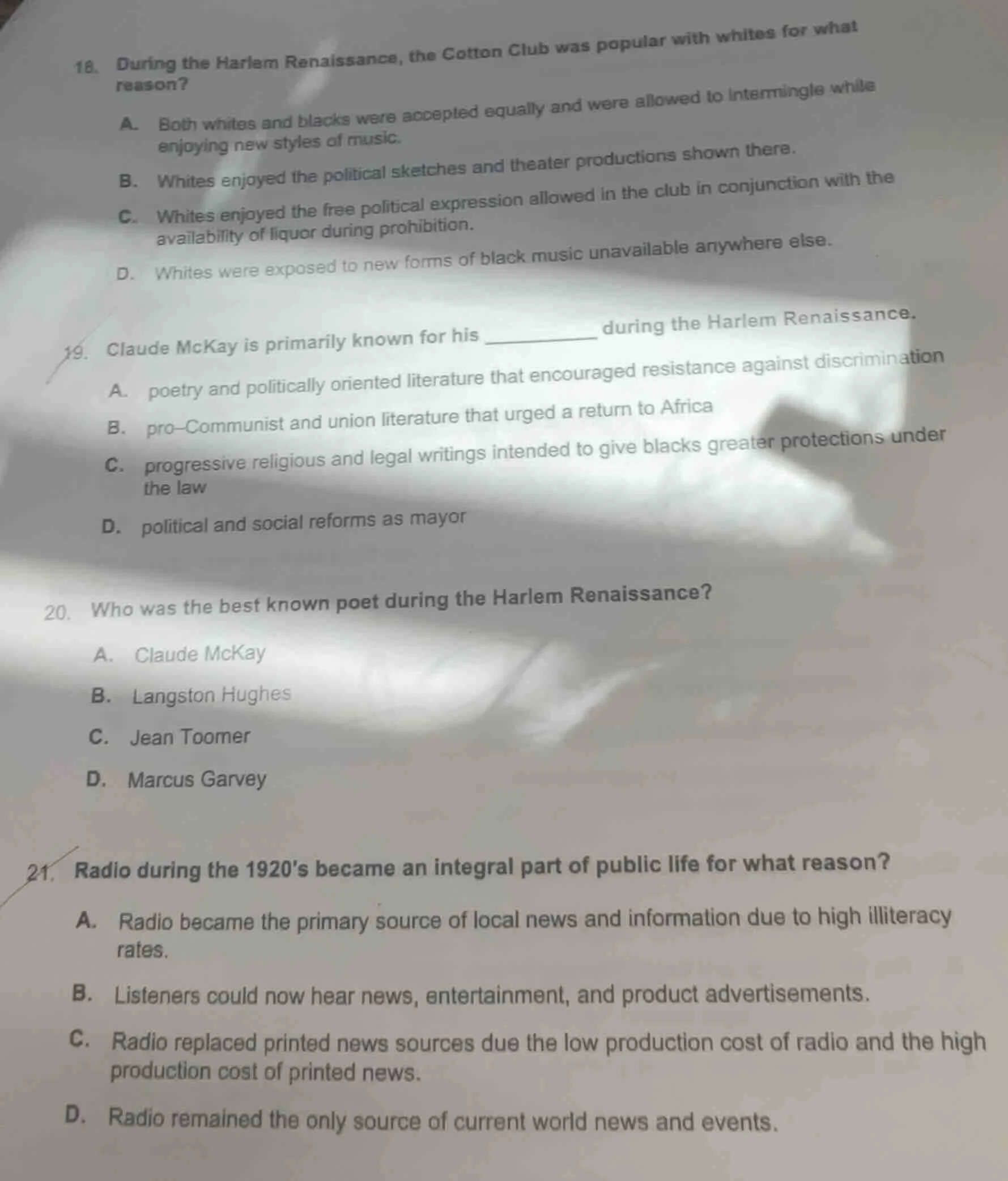18. during the harlem renaissance, the cotton club was popular with whi…