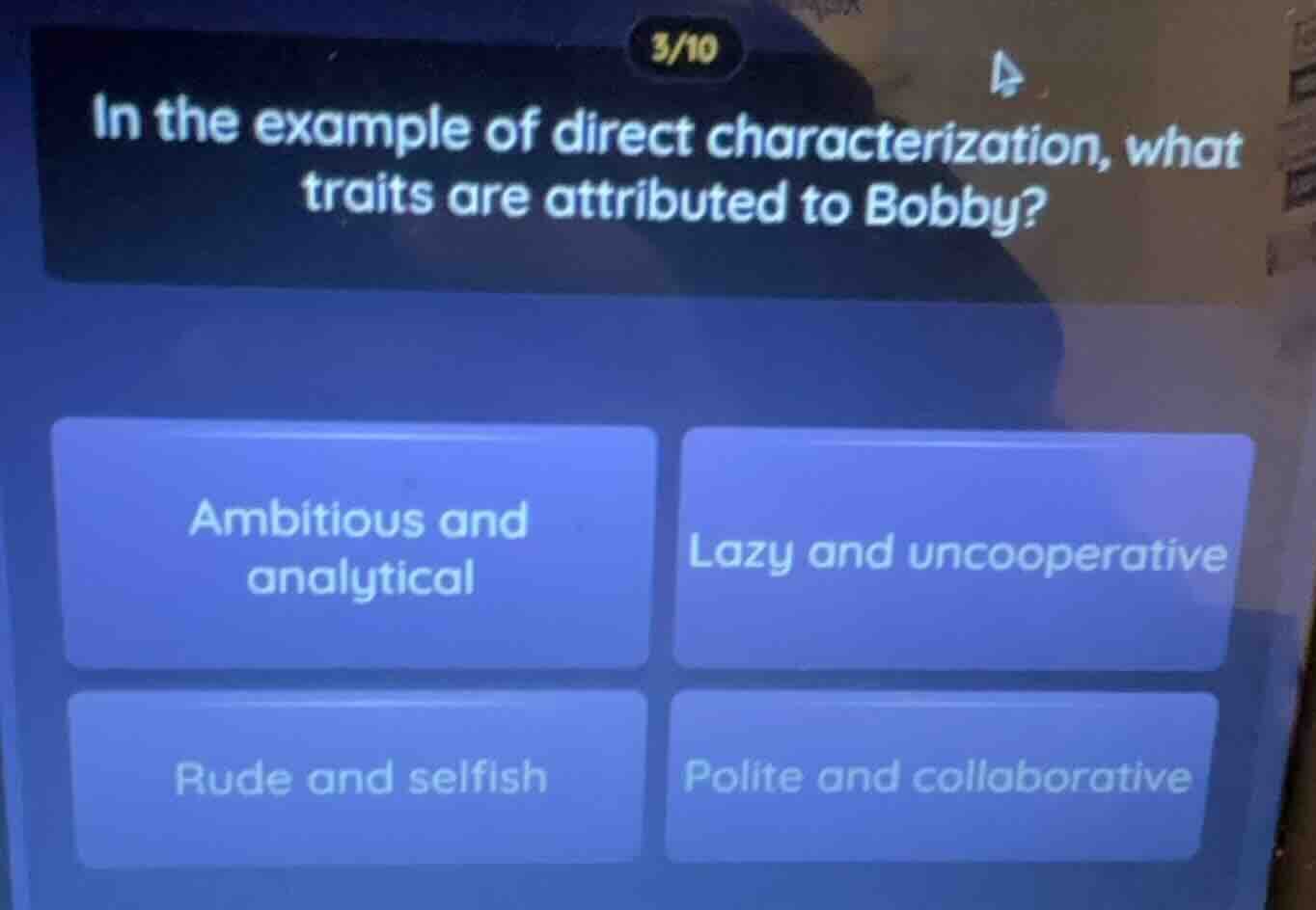 in the example of direct characterization, what traits are attributed t…