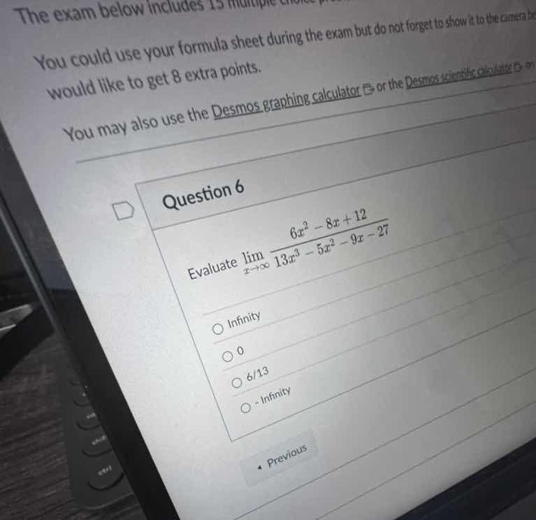 question 6 evaluate \\( \\lim_{x \\to \\infty} \\frac{6x^2 - 8x + 12}{1…