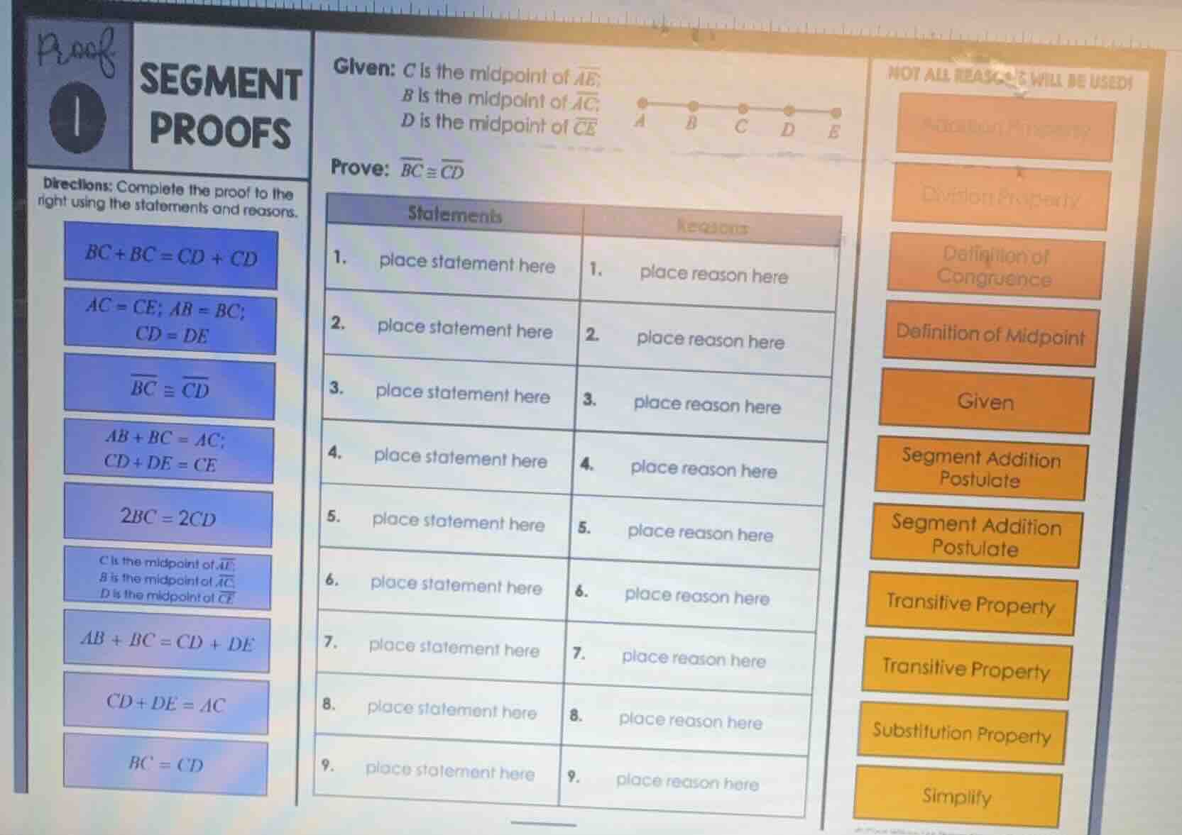 segment proofs proof 1 directions: complete the proof to the right usin…