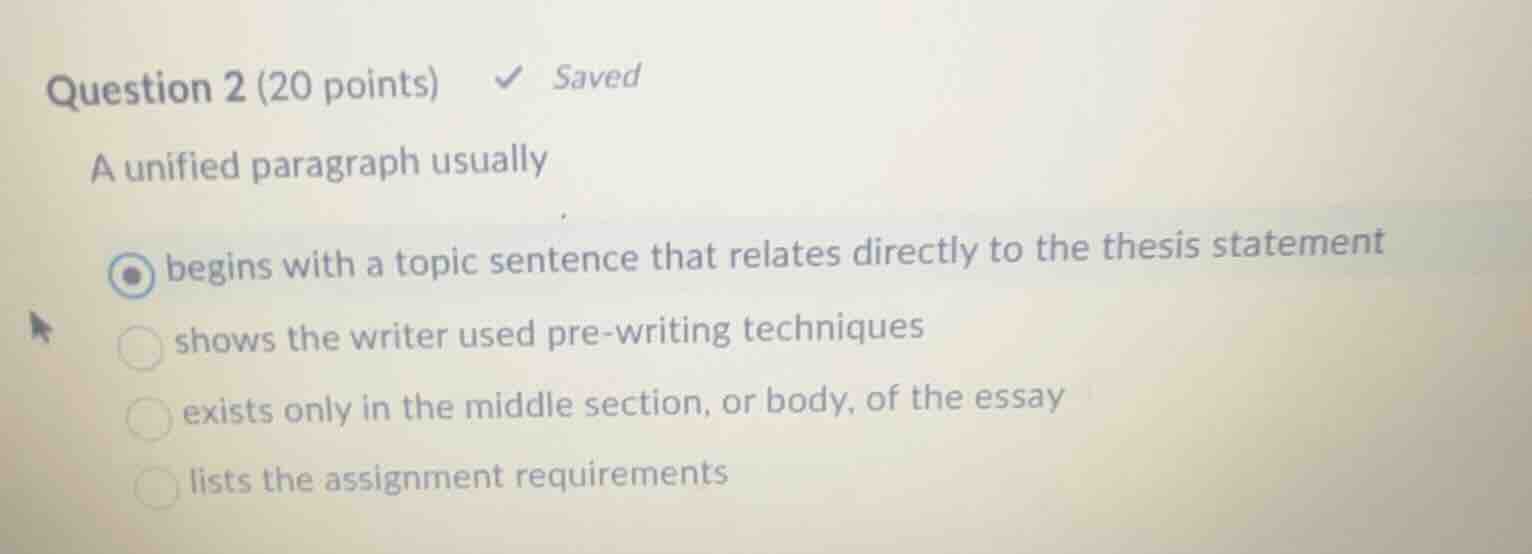 question 2 (20 points) saved a unified paragraph usually begins with a …