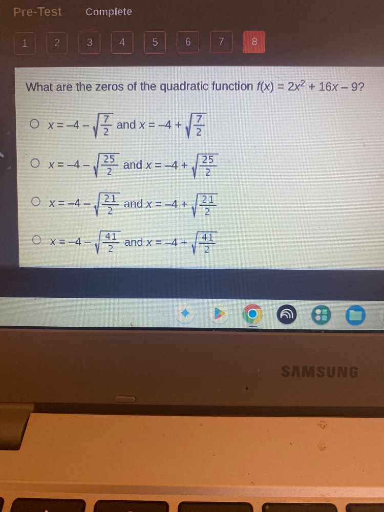 what are the zeros of the quadratic function $f(x) = 2x^2 + 16x - 9$? \…