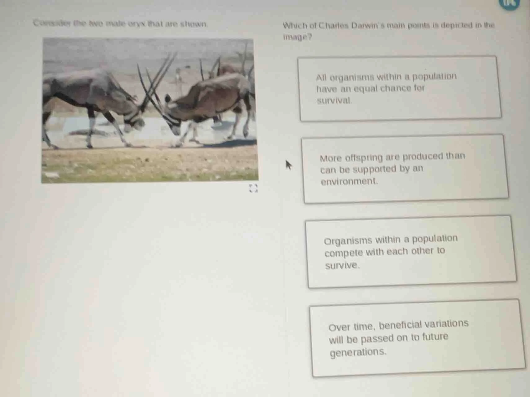 consider the two male oryx that are shown. which of charles darwin’s ma…