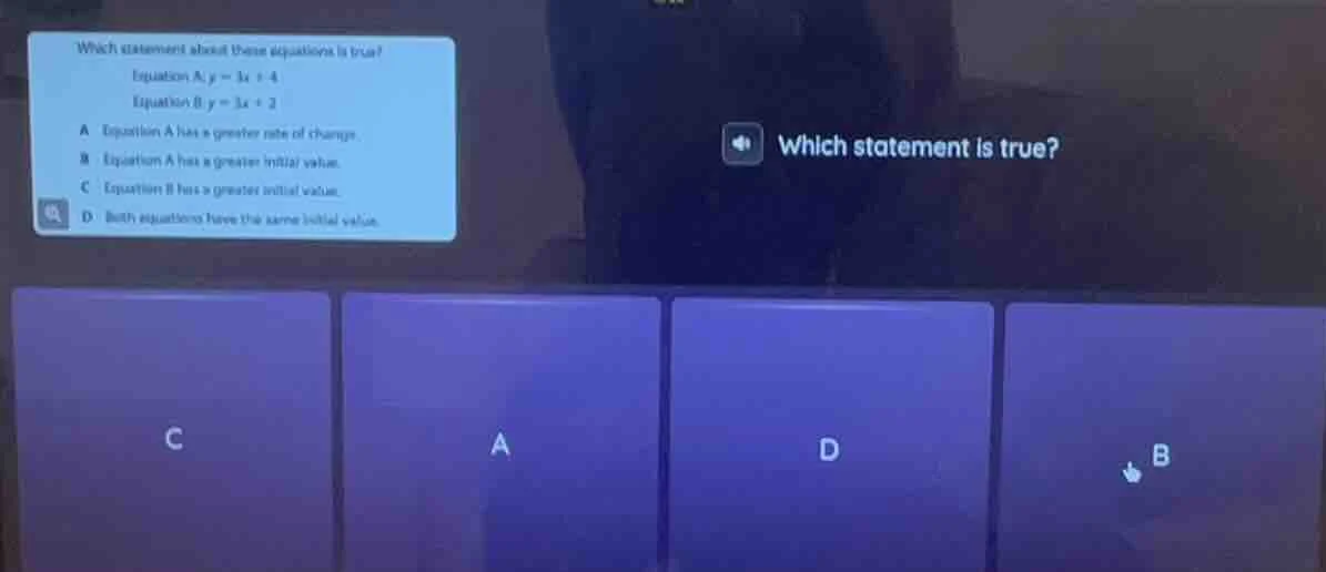 which statement about these equations is true? equation a: ( y = 3x + 4…