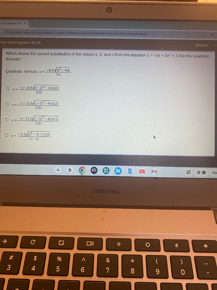 which shows the correct substitution of the values a, b, and c from the…