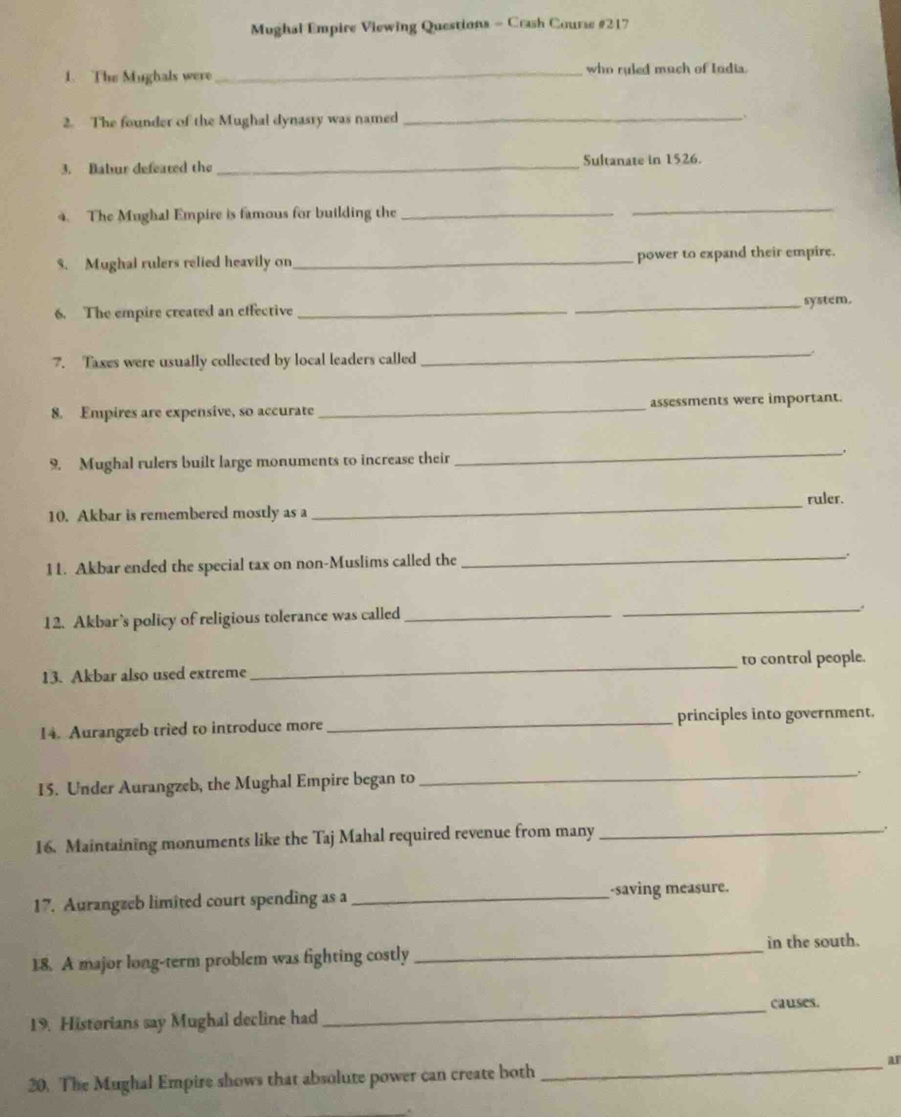 mughal empire viewing questions - crash course #217 1. the mughals were…