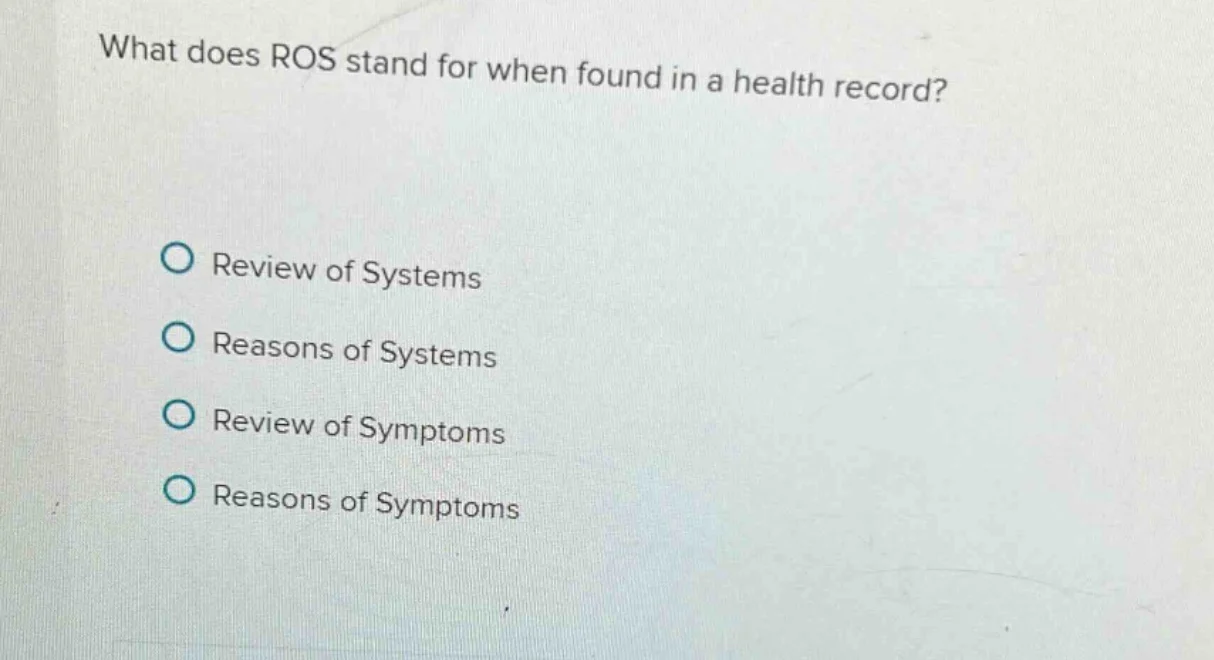 what does ros stand for when found in a health record? review of system…