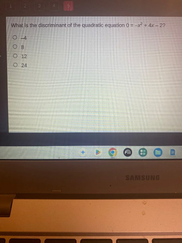 what is the discriminant of the quadratic equation 0 = -x² + 4x - 2? -4…