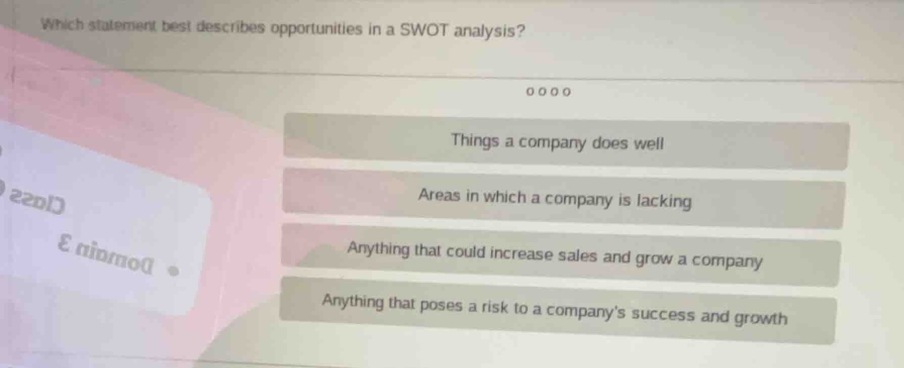 which statement best describes opportunities in a swot analysis? things…