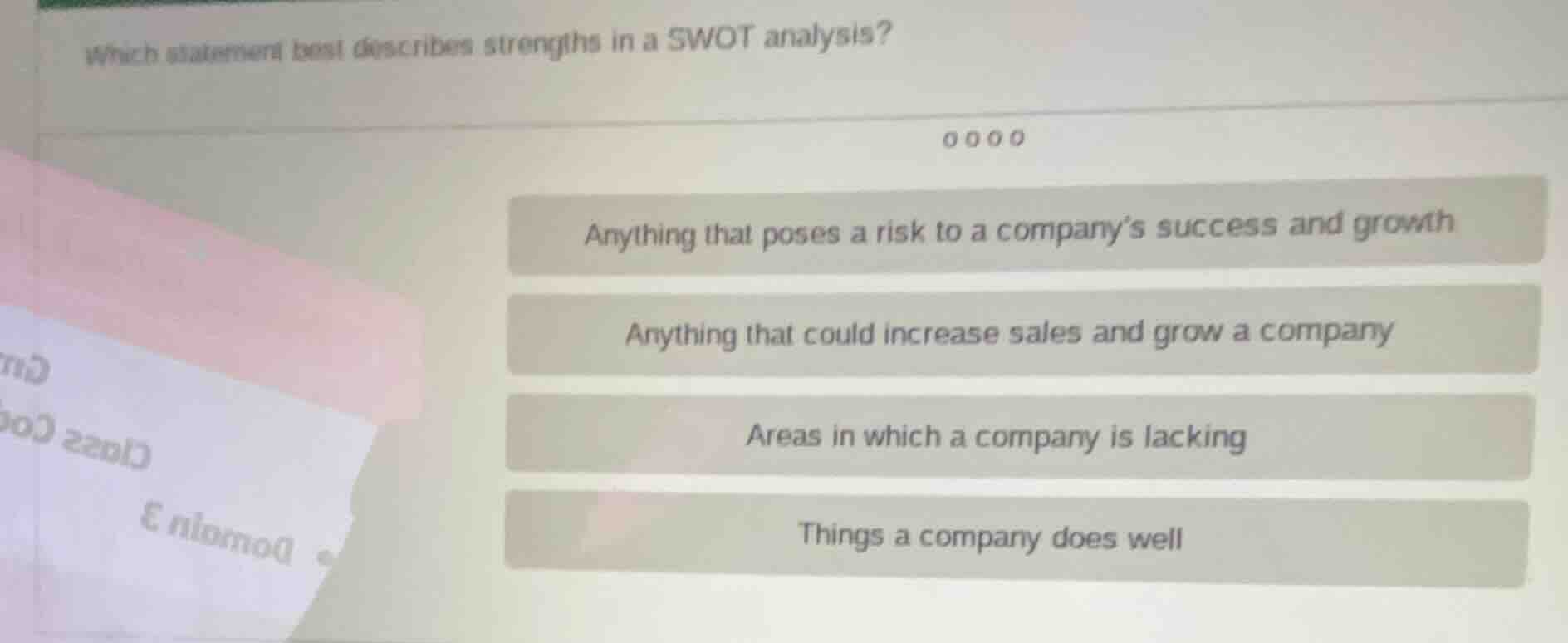 which statement best describes strengths in a swot analysis? options: a…