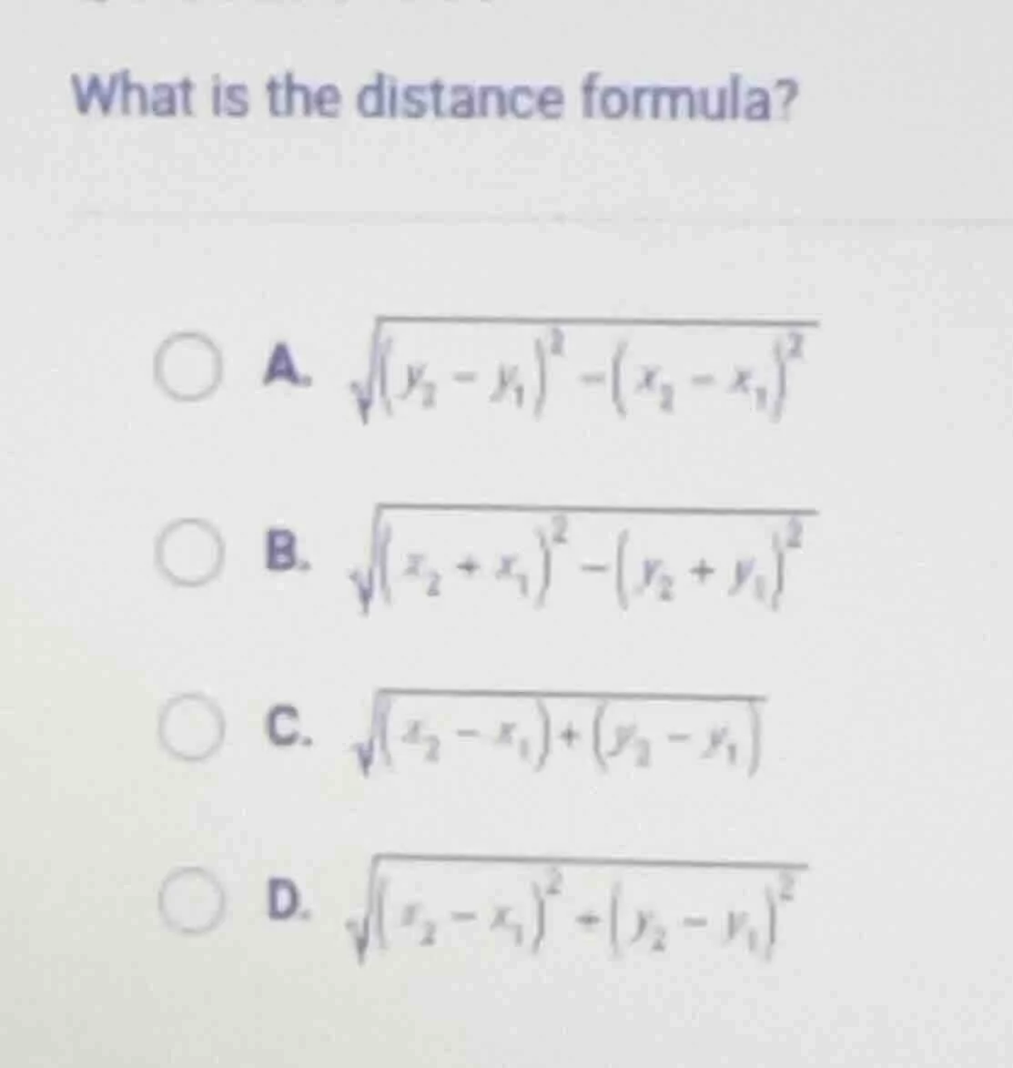 what is the distance formula? a. \\(\\sqrt{(y_2 - y_1)^2 - (x_2 - x_1)^…