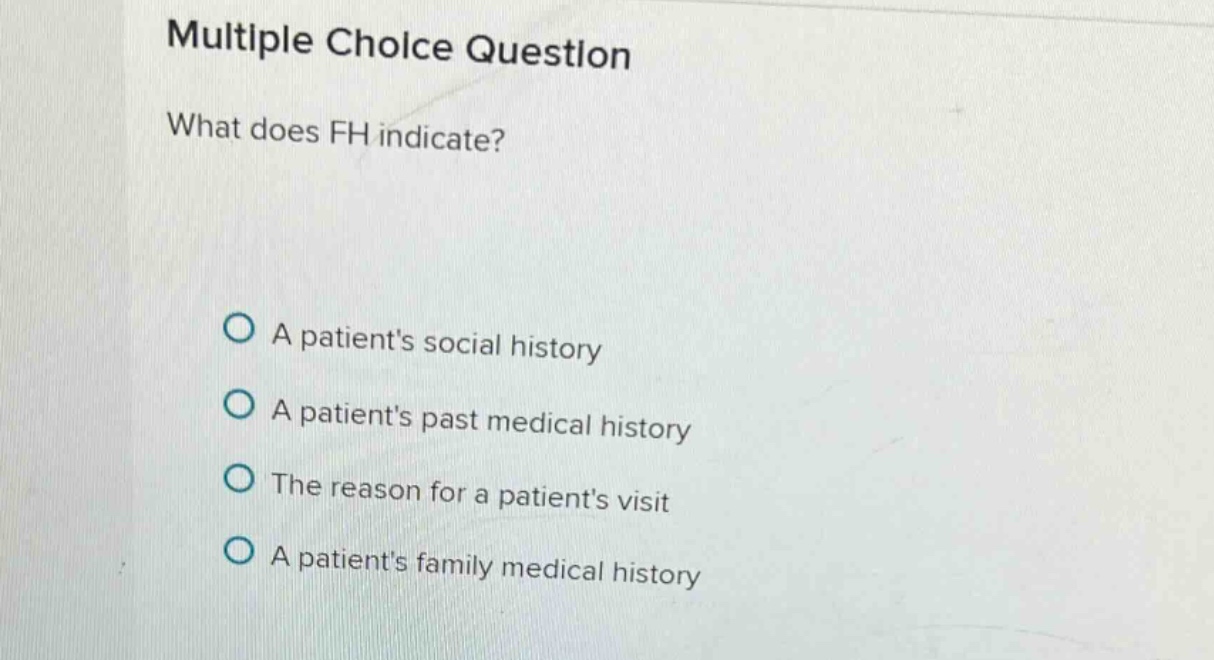 multiple choice question what does fh indicate? a patients social histo…