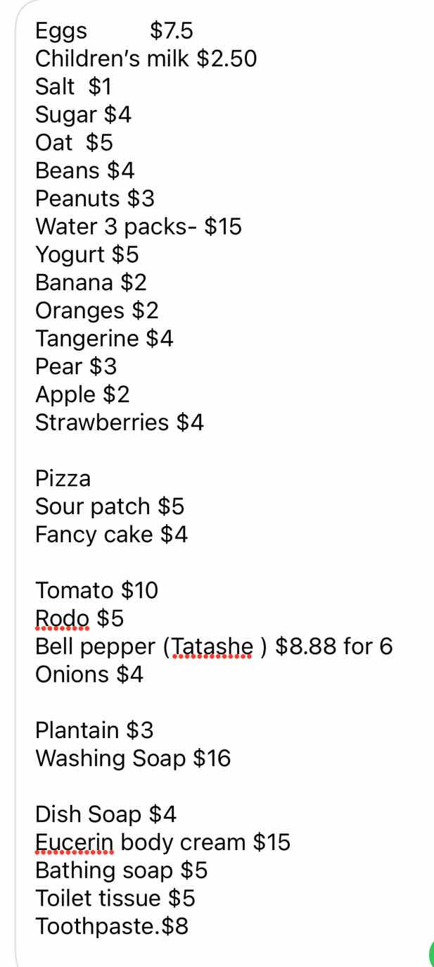 eggs $7.5 children’s milk $2.50 salt $1 sugar $4 oat $5 beans $4 peanut…