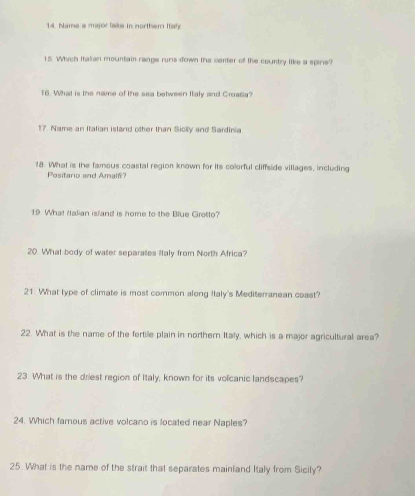 14. name a major lake in northern italy 15. which italian mountain rang…