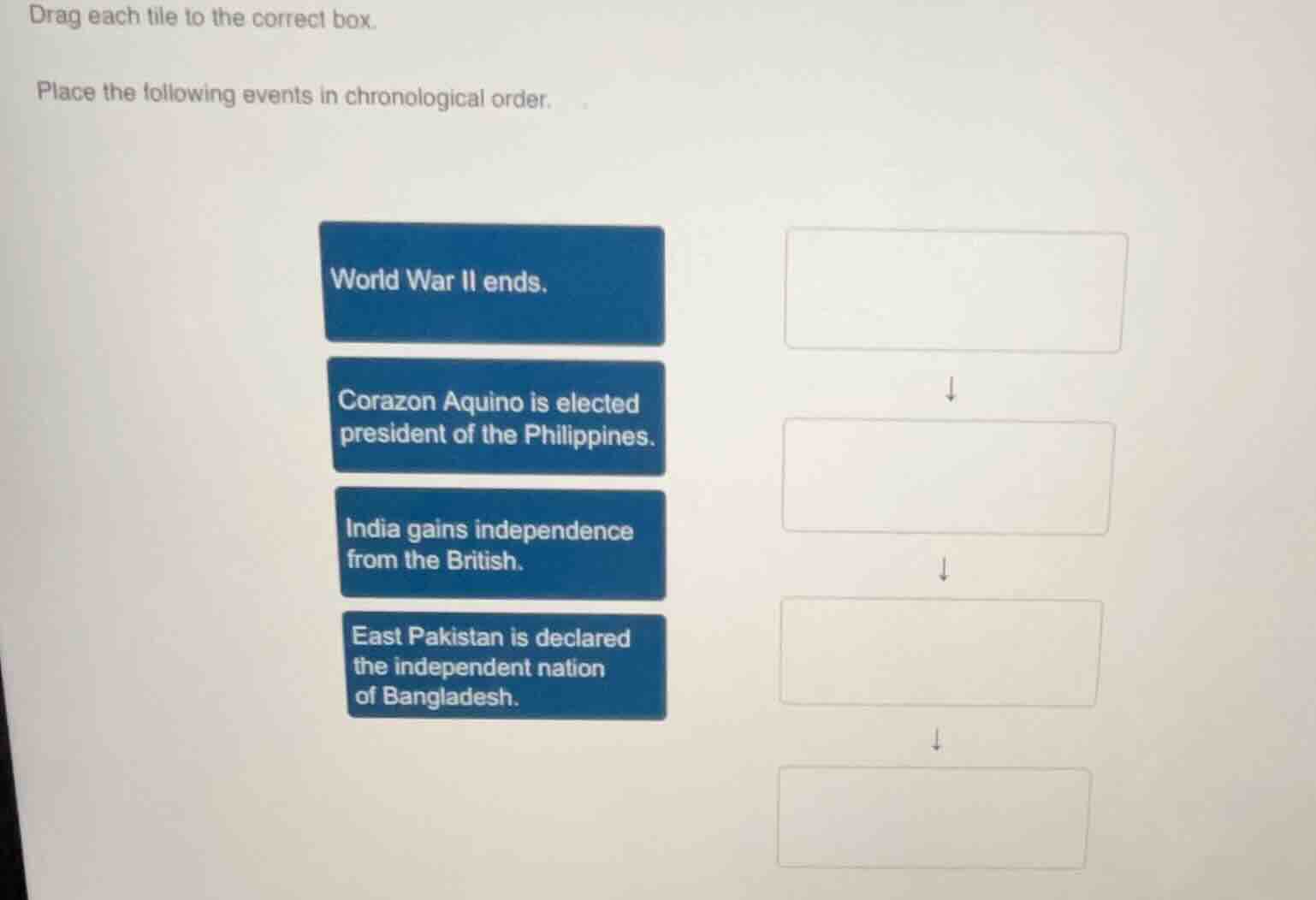 drag each tile to the correct box. place the following events in chrono…