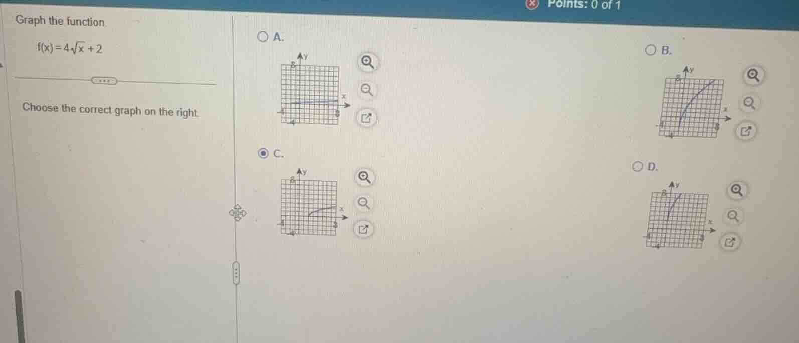 graph the function $f(x) = 4sqrt{x} + 2$ choose the correct graph on th…