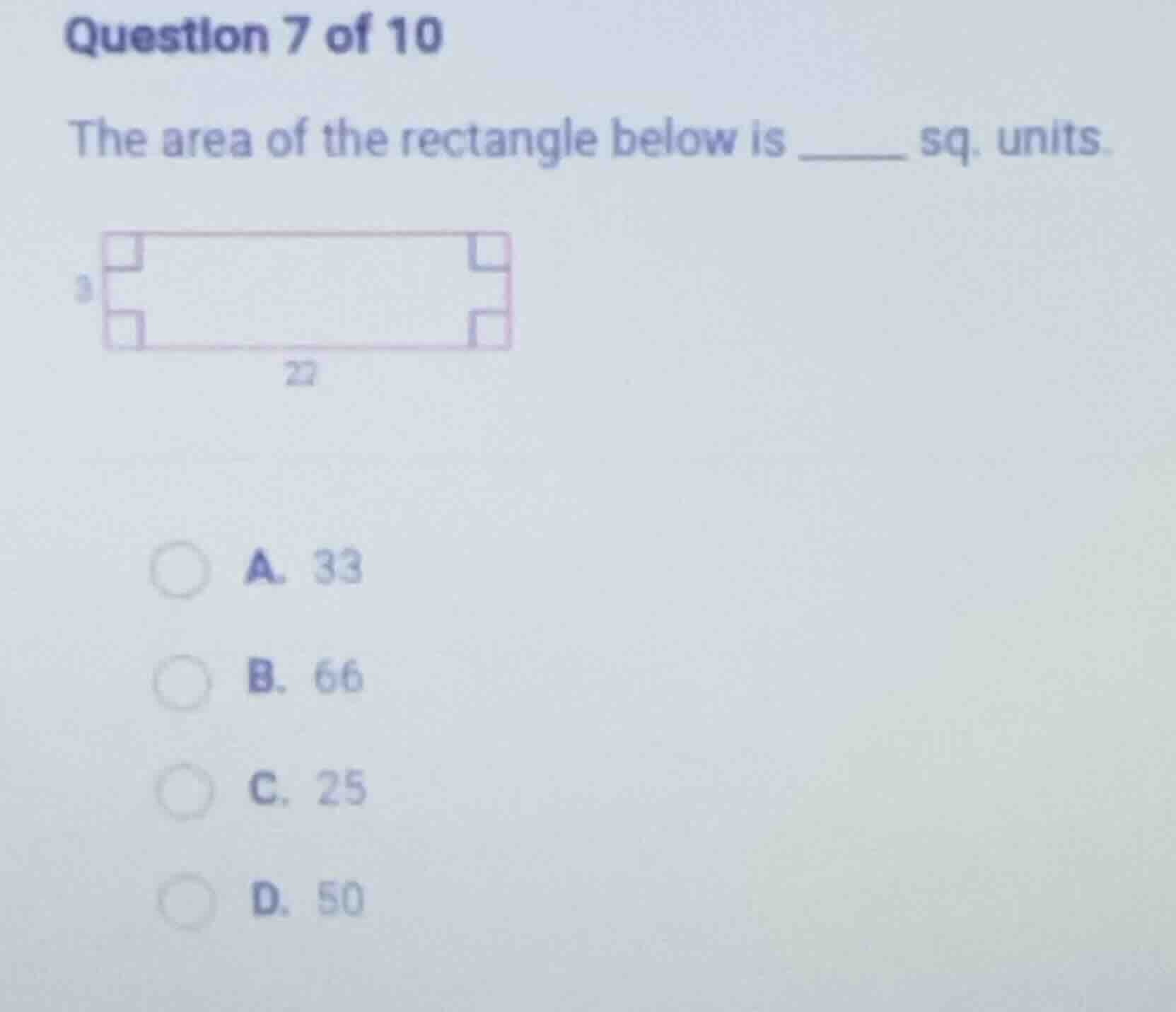 question 7 of 10 the area of the rectangle below is ____ sq. units. ima…