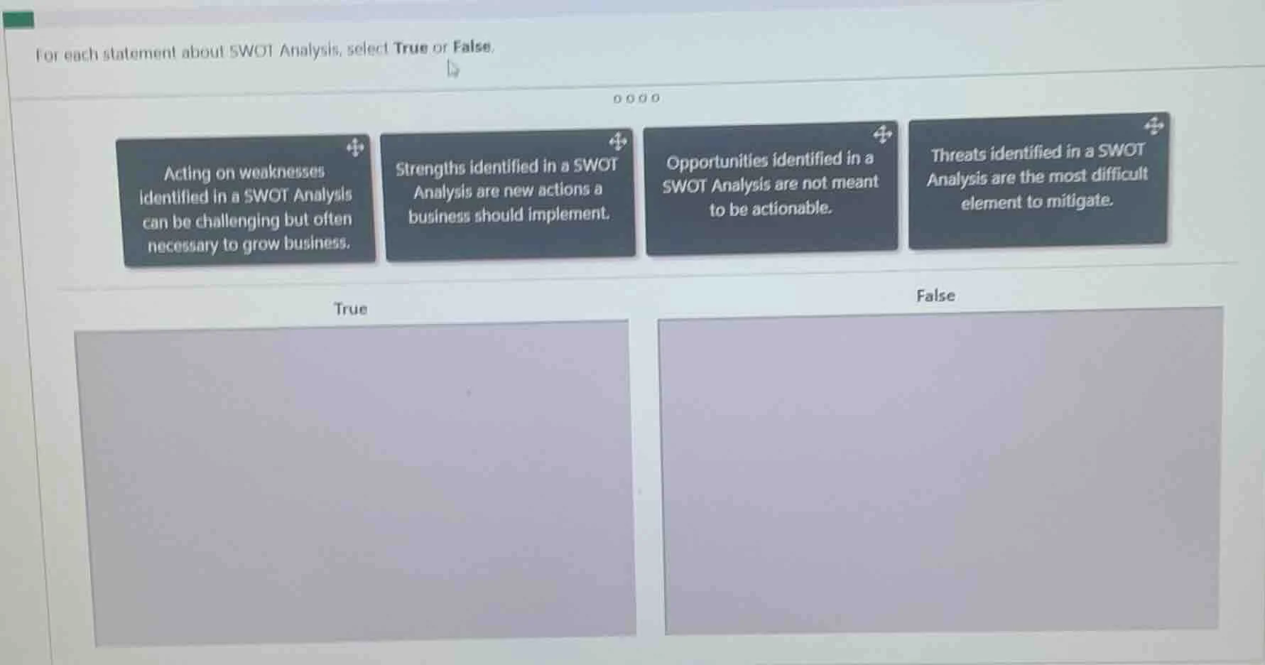 for each statement about swot analysis, select true or false. acting on…