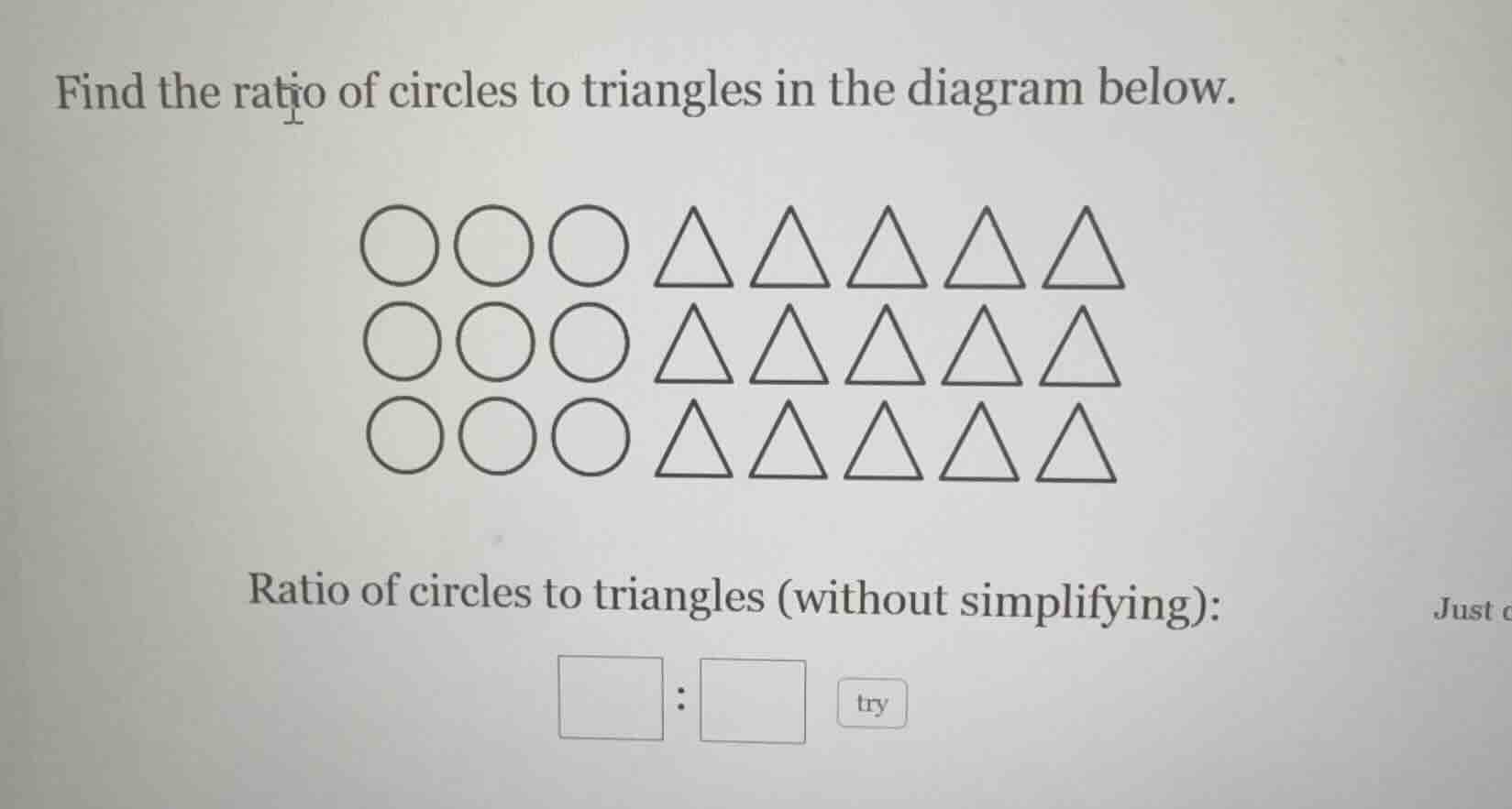 find the ratio of circles to triangles in the diagram below. ratio of c…