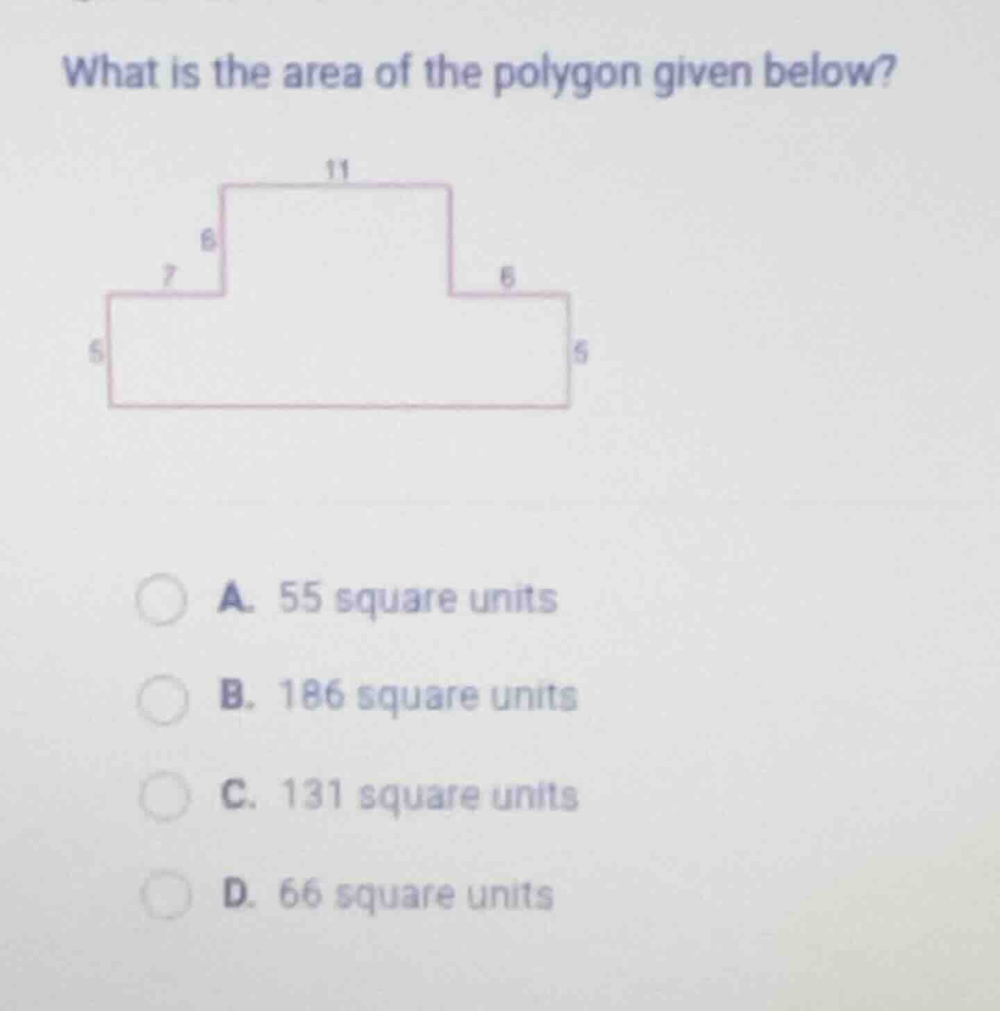 what is the area of the polygon given below? a. 55 square units b. 186 …