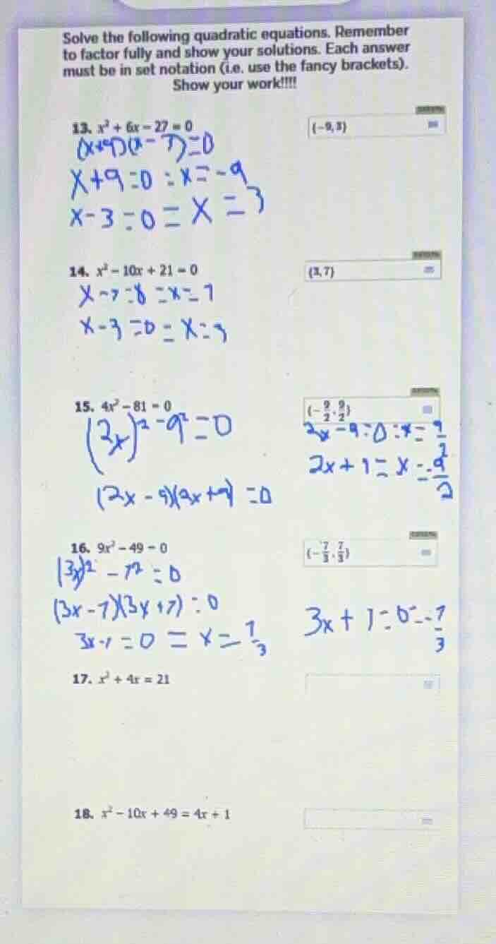 solve the following quadratic equations. remember to factor fully and s…