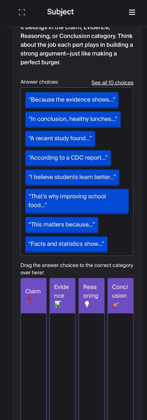 it belongs in the claim, evidence, reasoning, or conclusion category. t…