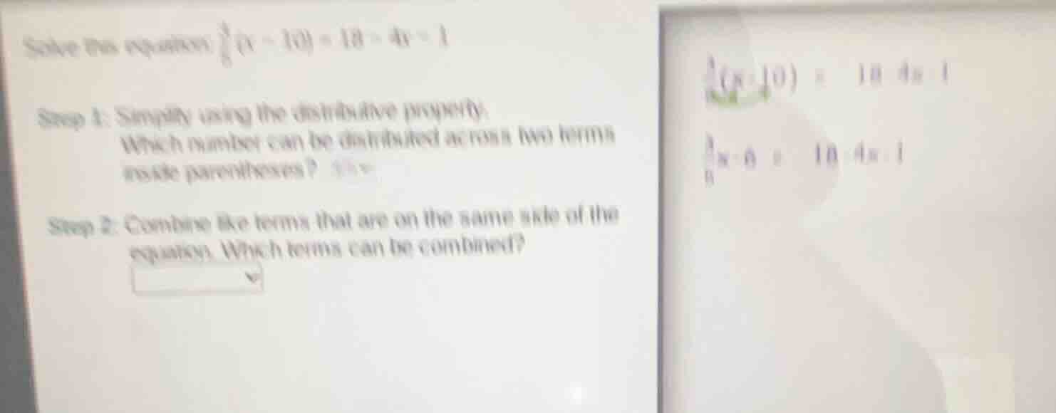 solve the equation \\(\frac{3}{5}(x - 10)=18 - 4x - 1\\) step 1: simpli…