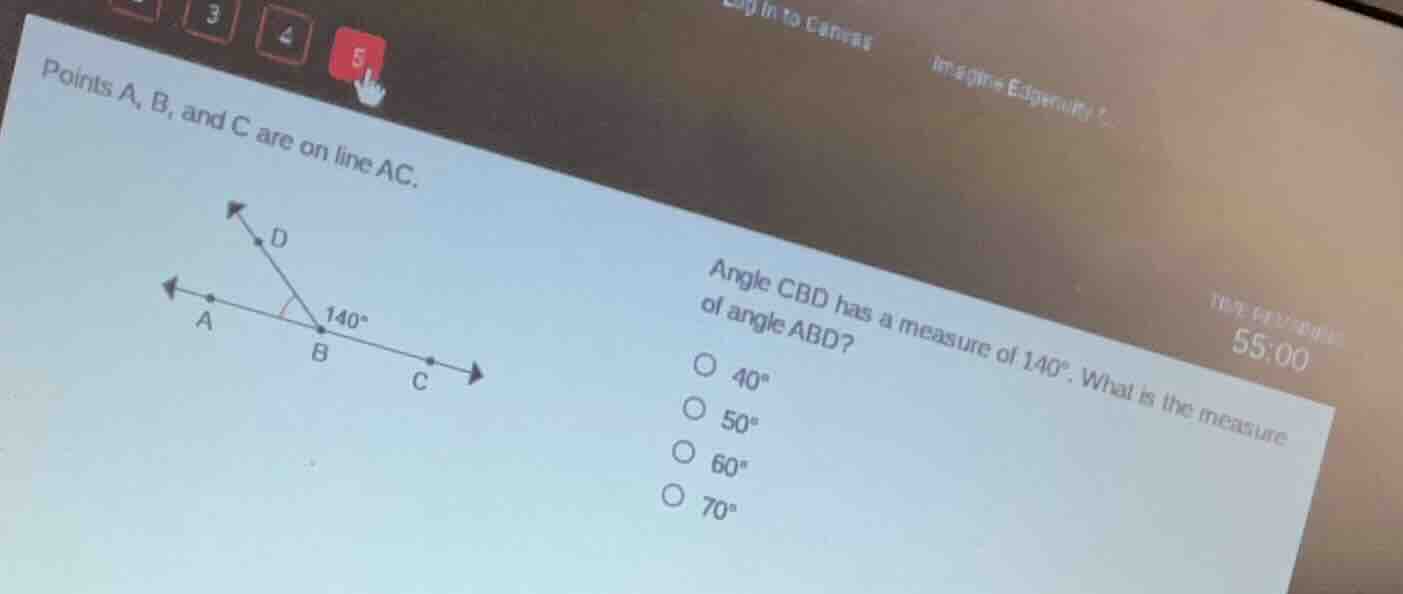 points a, b, and c are on line ac. angle cbd has a measure of 140°. wha…