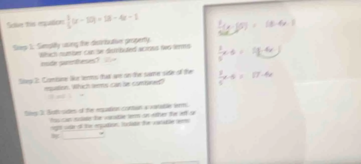 solve the equation: $\frac{1}{5}(x - 30) = 18 - 4x - 1$ step 1: simplif…