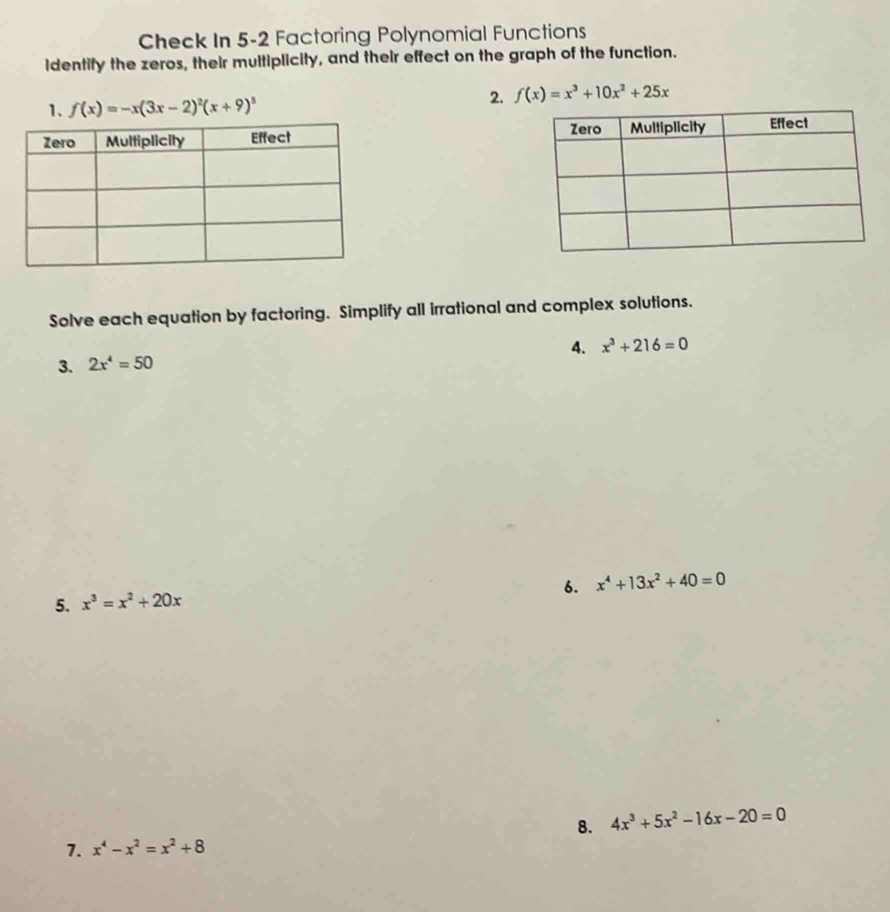 check in 5-2 factoring polynomial functions identify the zeros, their m…