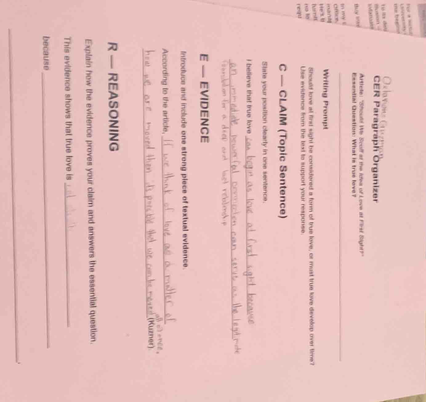 cer paragraph organizer article: \should the spark of true love at firs…