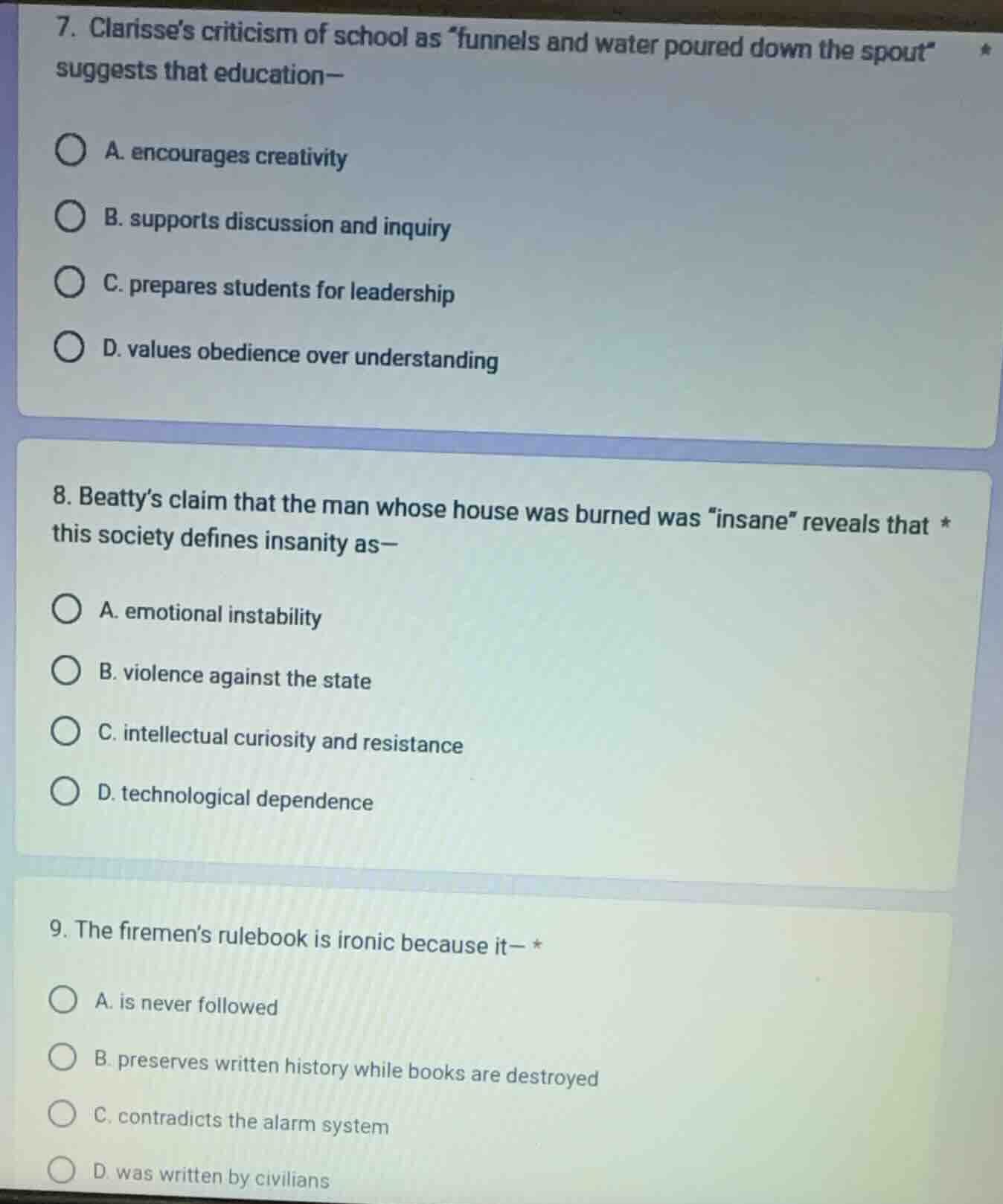 7. clarisse’s criticism of school as “funnels and water poured down the…