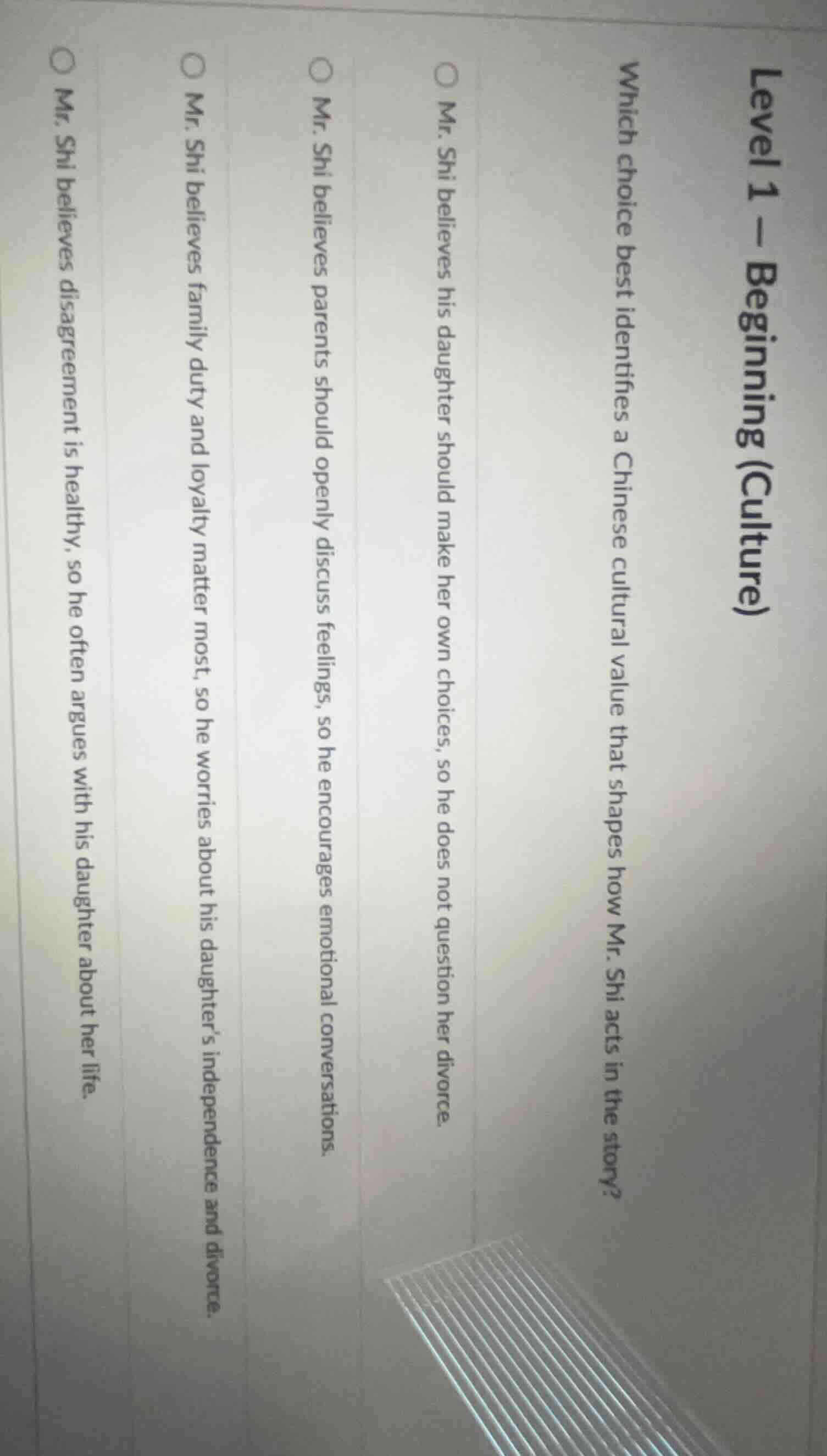 level 1 - beginning (culture) which choice best identifies a chinese cu…