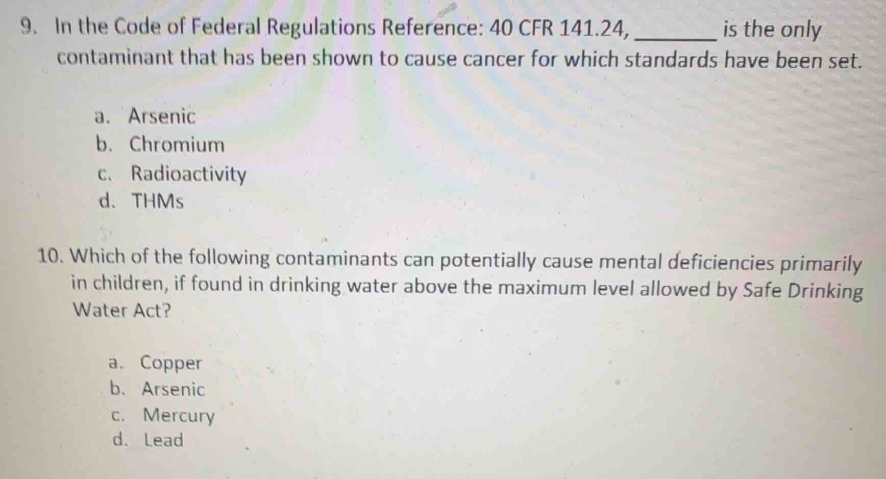 9. in the code of federal regulations reference: 40 cfr 141.24, ______ …
