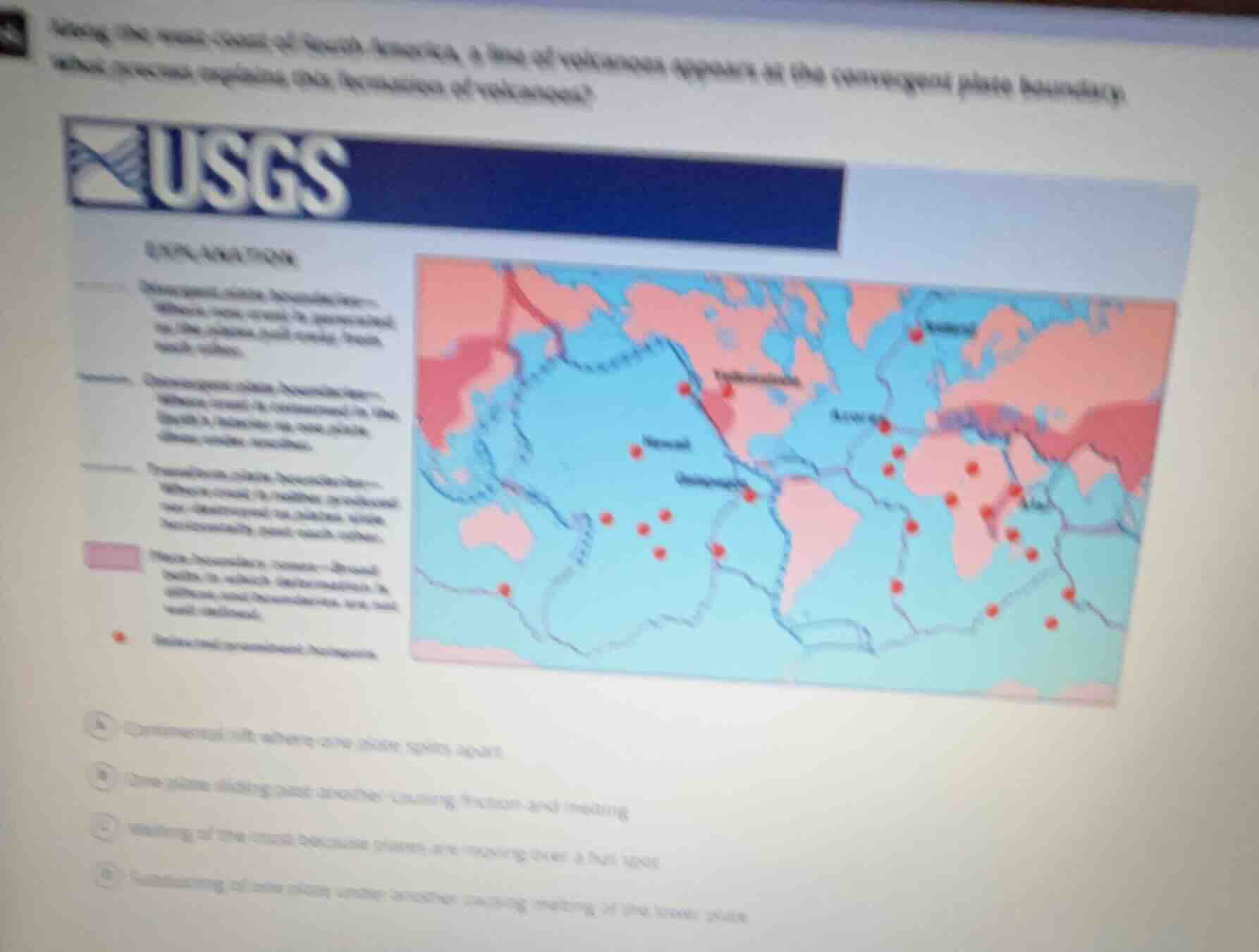 along the west coast of south america, a line of volcanoes appears at t…