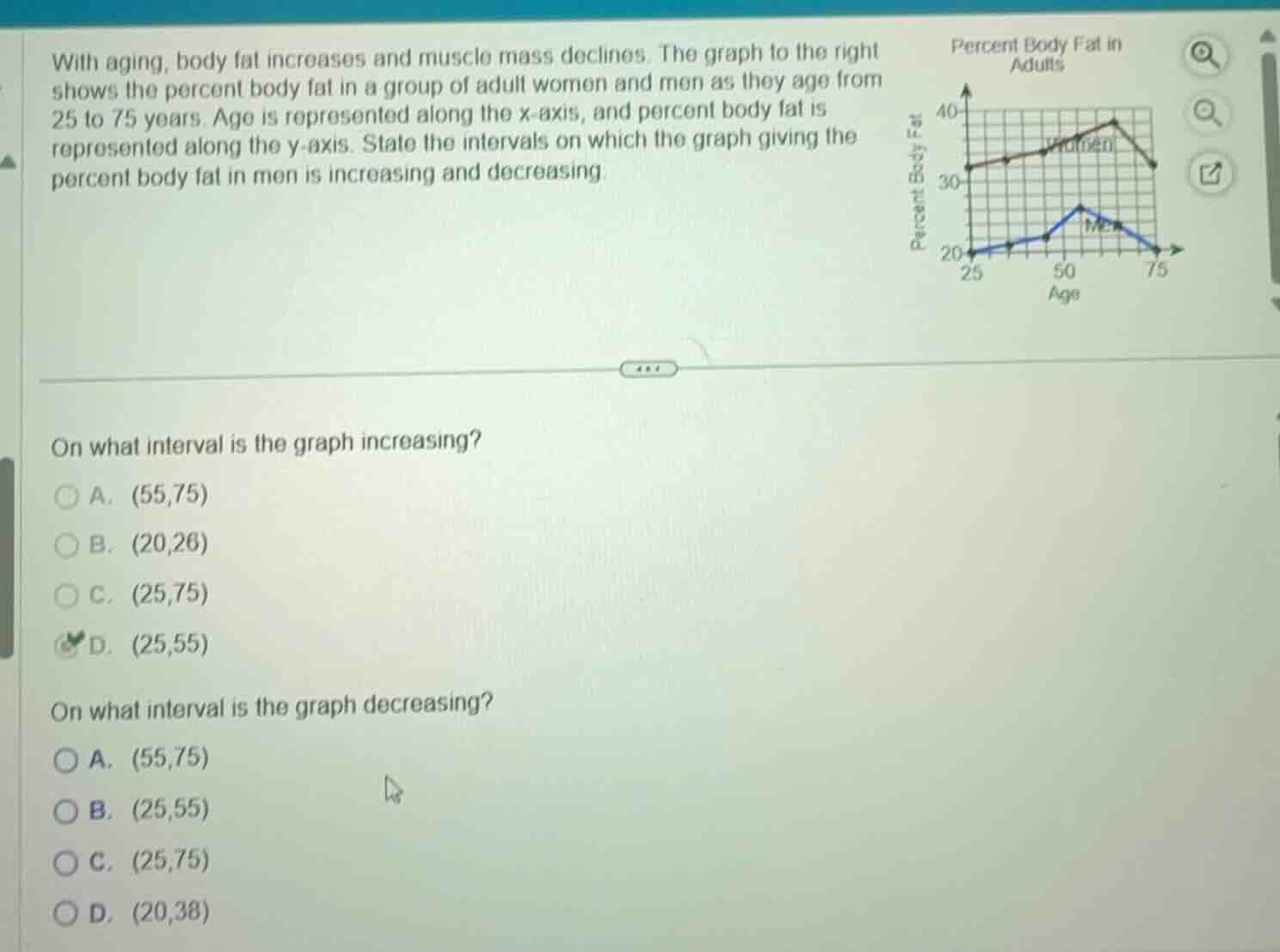with aging, body fat increases and muscle mass declines. the graph to t…