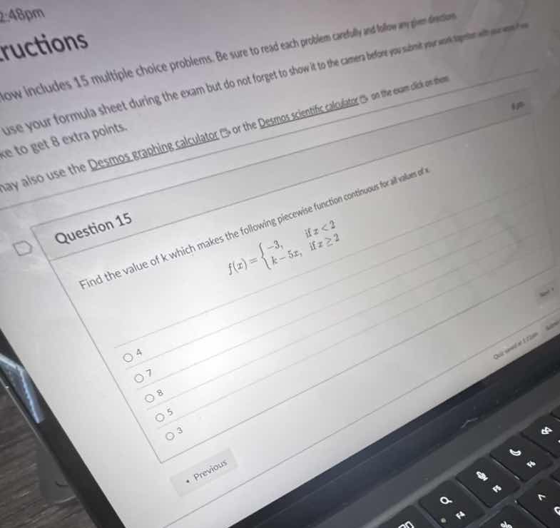 question 15 find the value of k which makes the following piecewise fun…