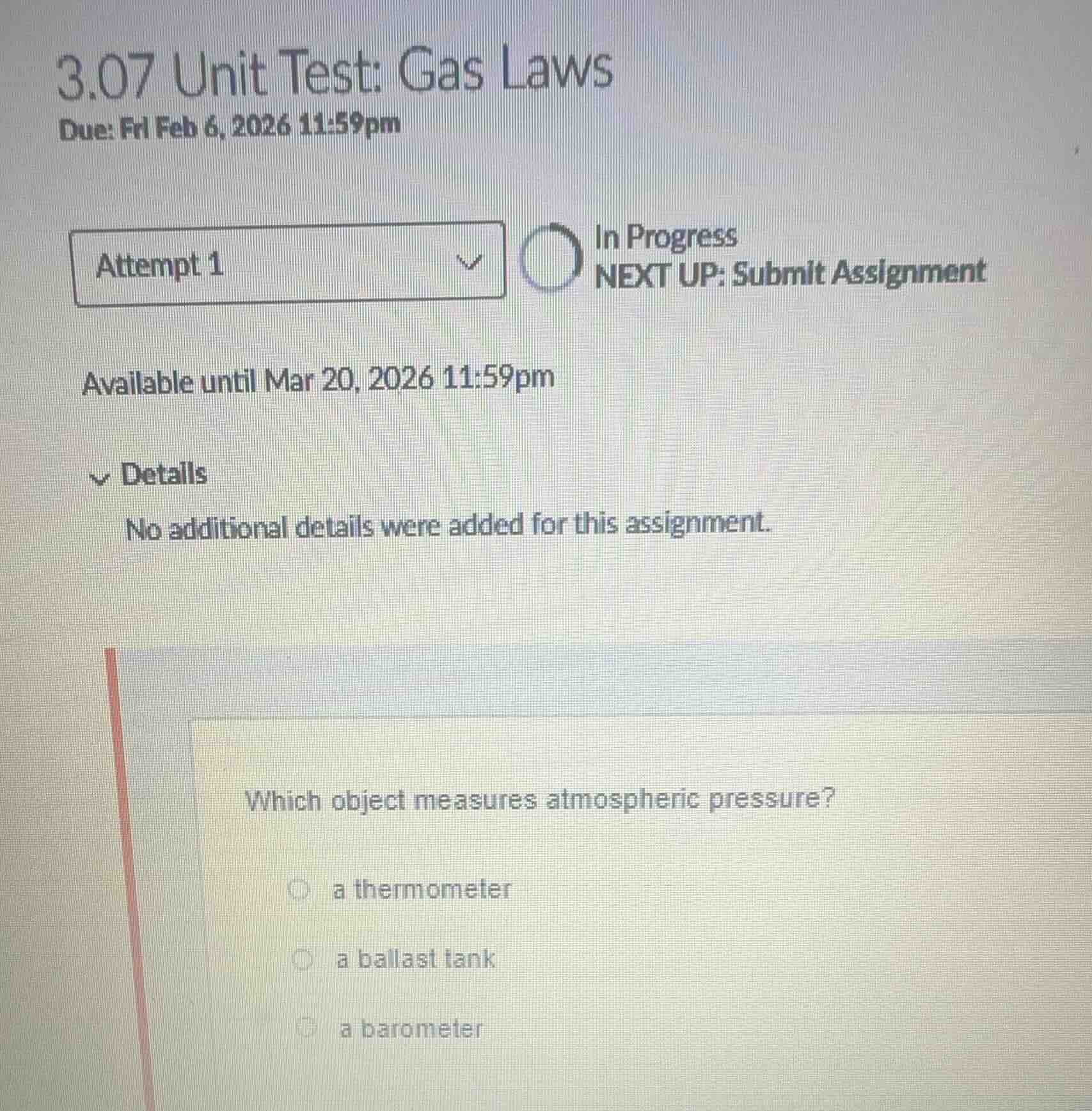 3.07 unit test: gas laws due: fri feb 6, 2026 11:59pm attempt 1 in prog…