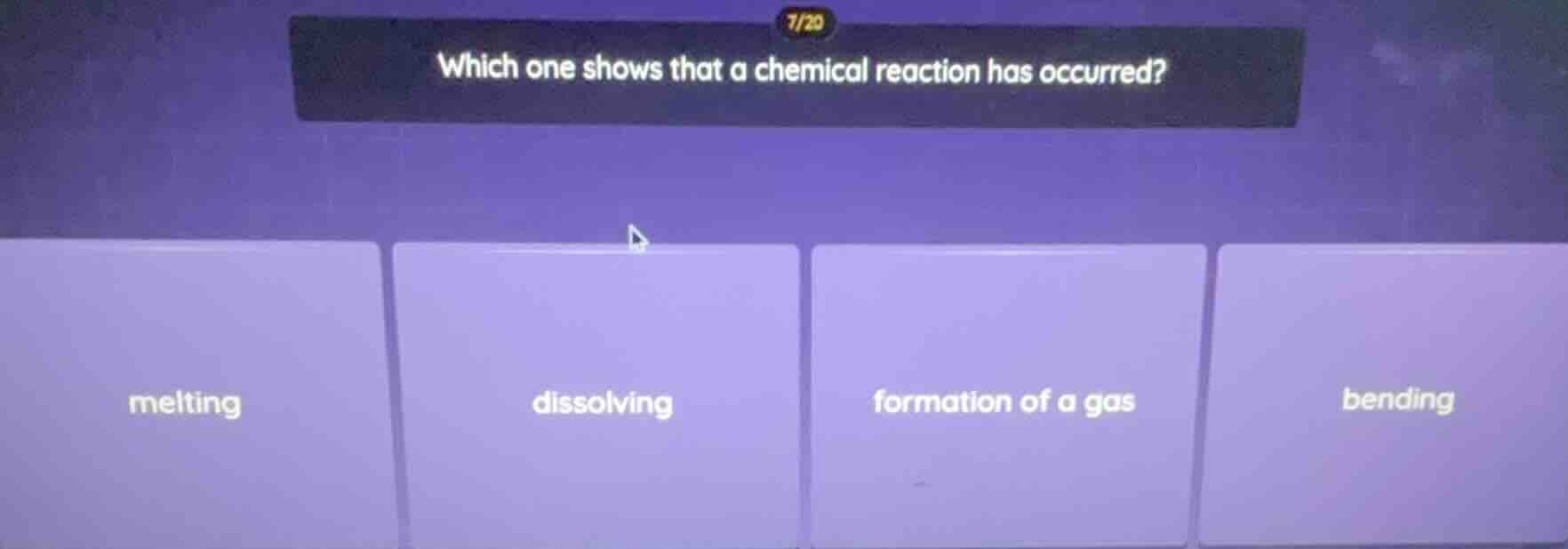which one shows that a chemical reaction has occurred? melting dissolvi…