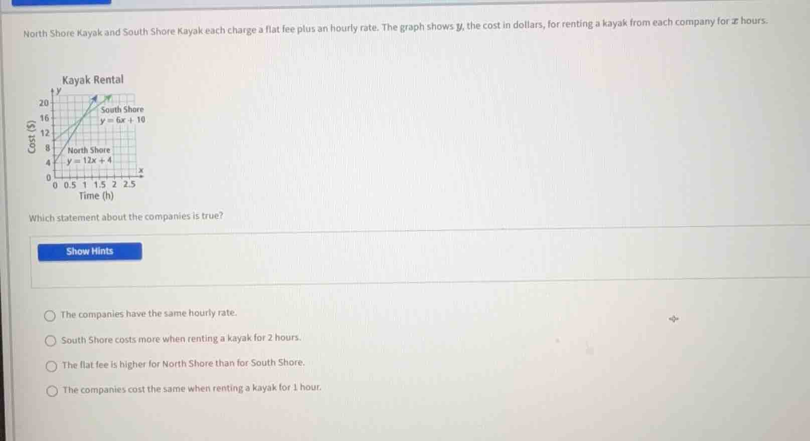 north shore kayak and south shore kayak each charge a flat fee plus an …