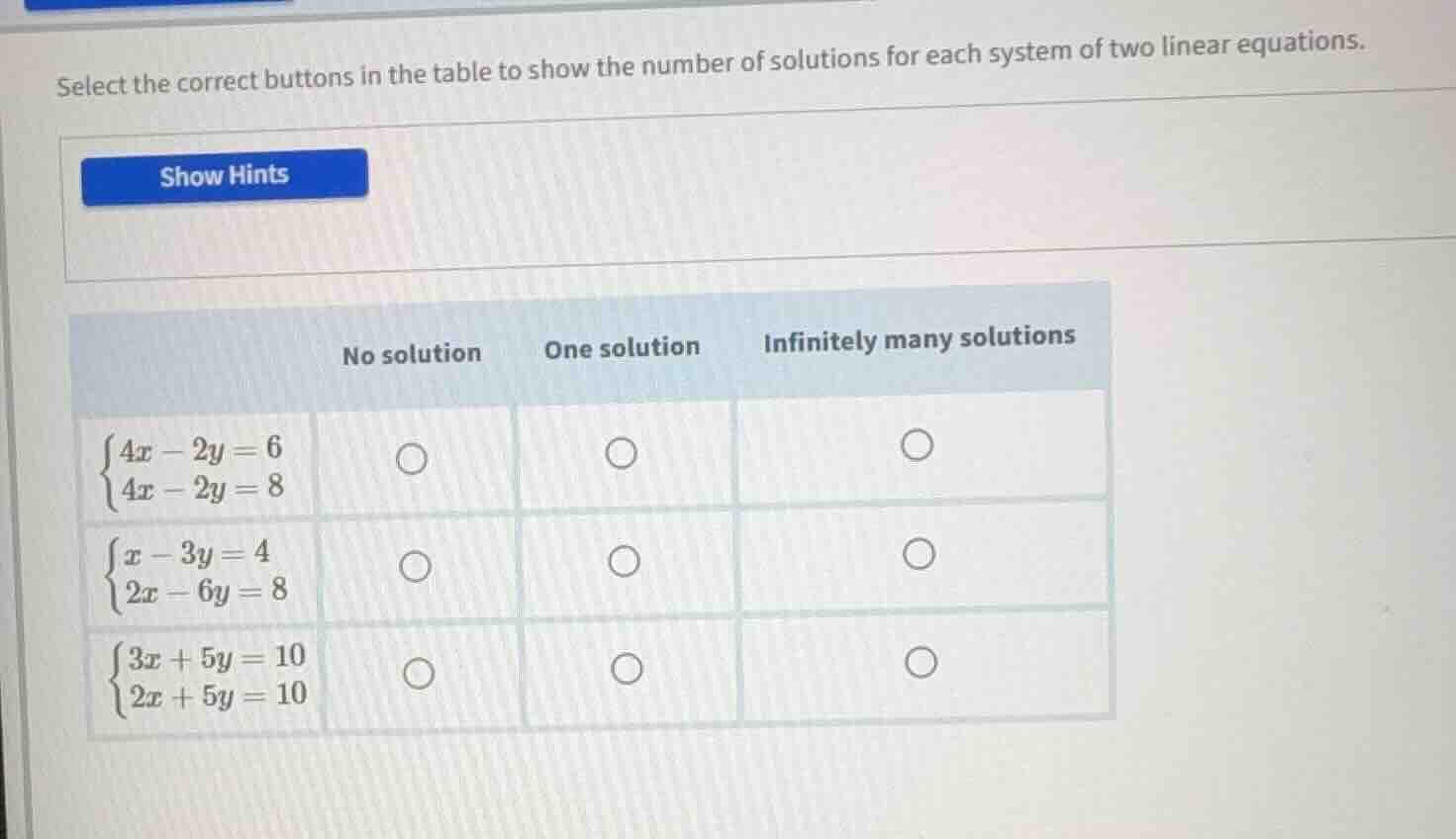 select the correct buttons in the table to show the number of solutions…
