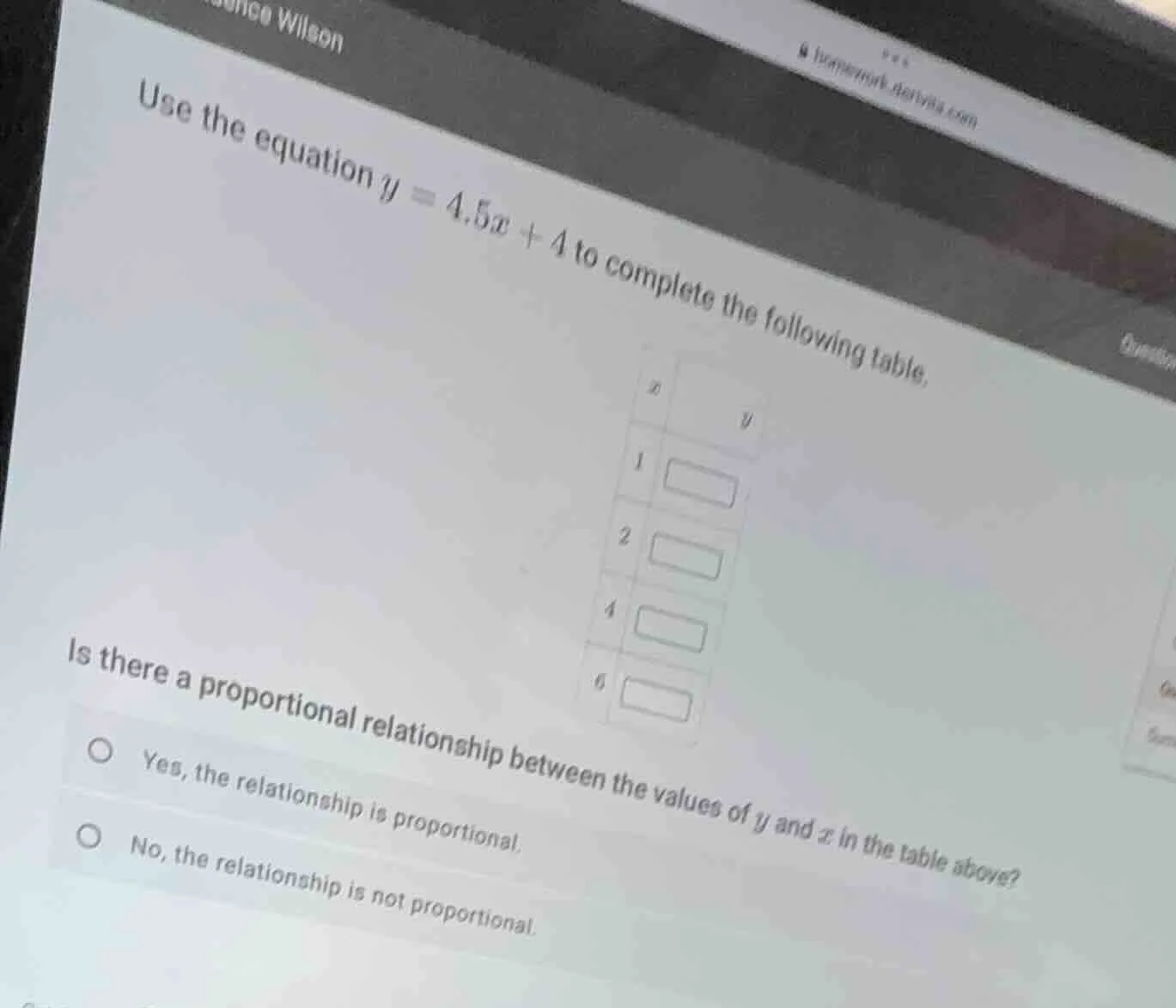 use the equation $y = 4.5x + 4$ to complete the following table. | $x$ …