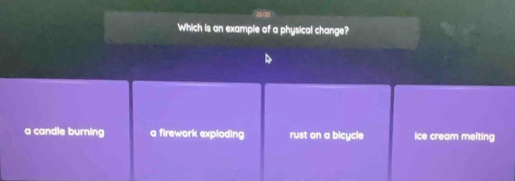 which is an example of a physical change? a candle burning a firework e…