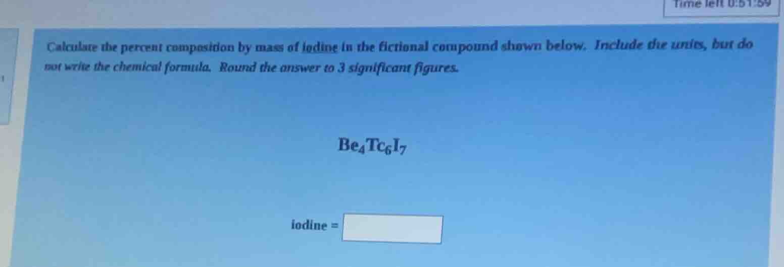 calculate the percent composition by mass of iodine in the fictional co…