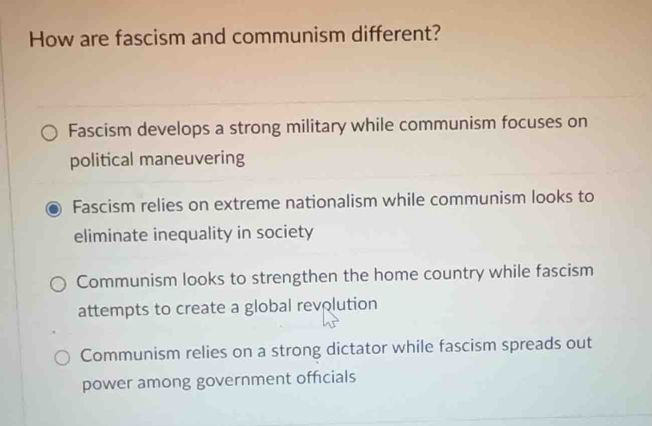 how are fascism and communism different? ○ fascism develops a strong mi…