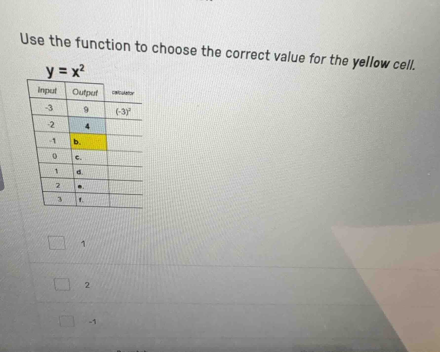use the function to choose the correct value for the yellow cell. y = x…