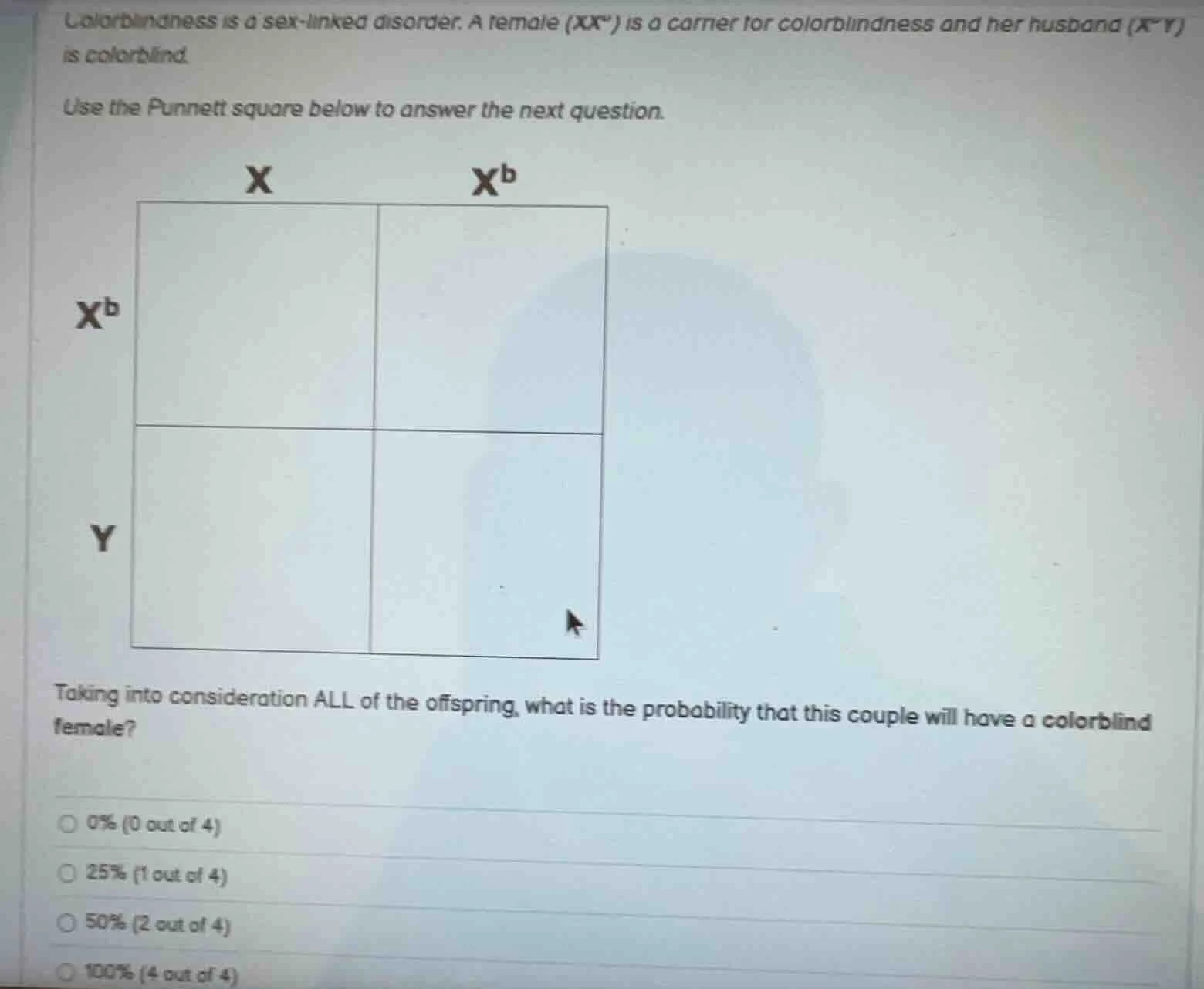 colorblindness is a sex - linked disorder. a female (xxᵇ) is a carrier …