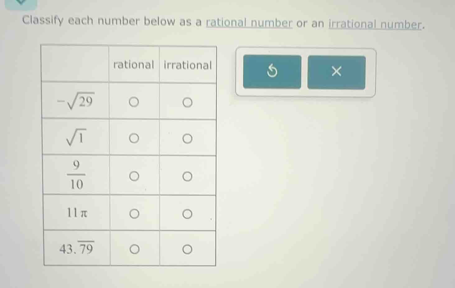 classify each number below as a rational number or an irrational number…